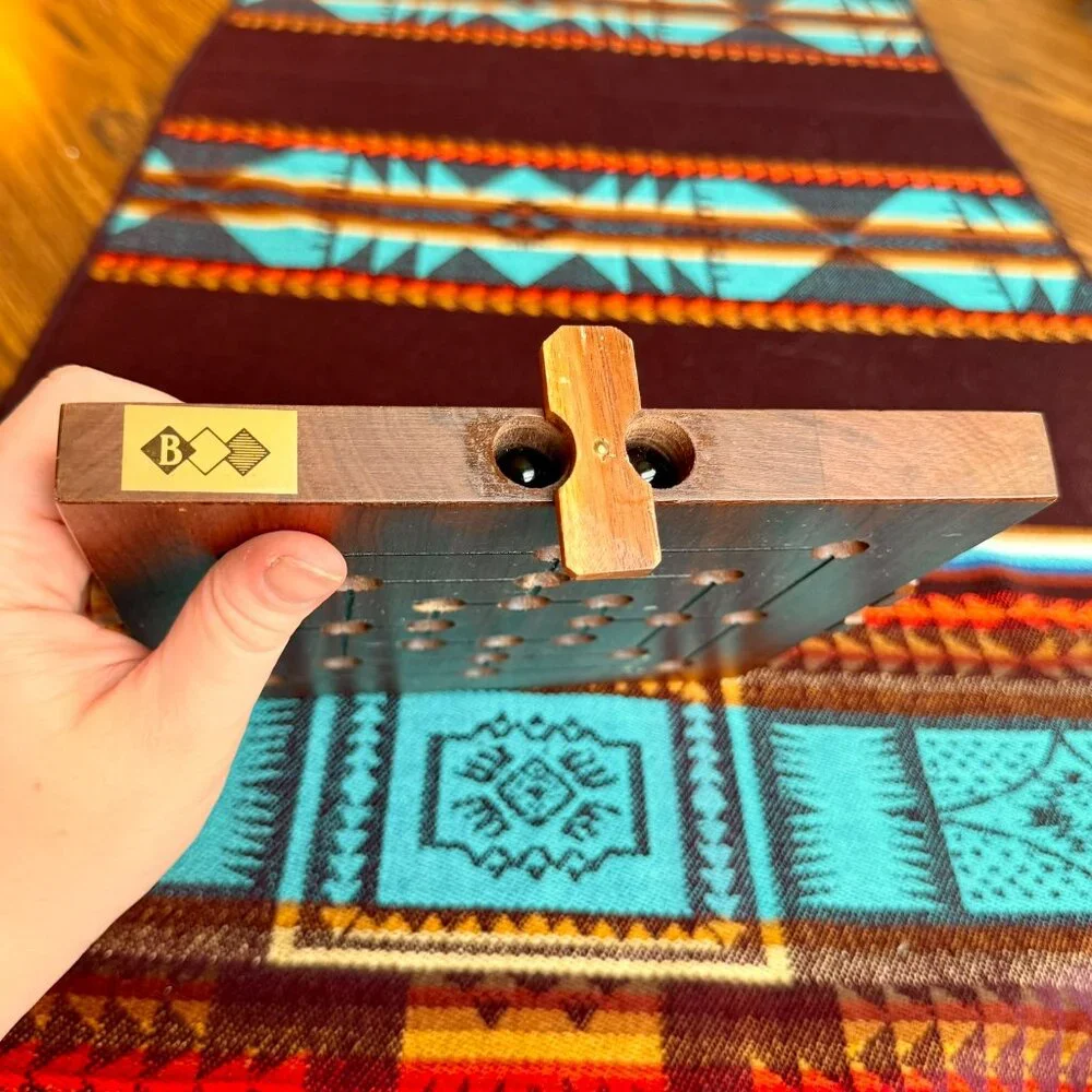 Handmade Vintage Solid Wood 9 Men's Morris Board Game with Marble Storage Slot - Picture 3 of 7